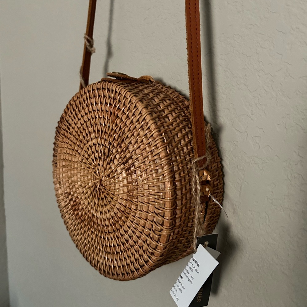 NWT Round Woven Tan Crossbody Bag